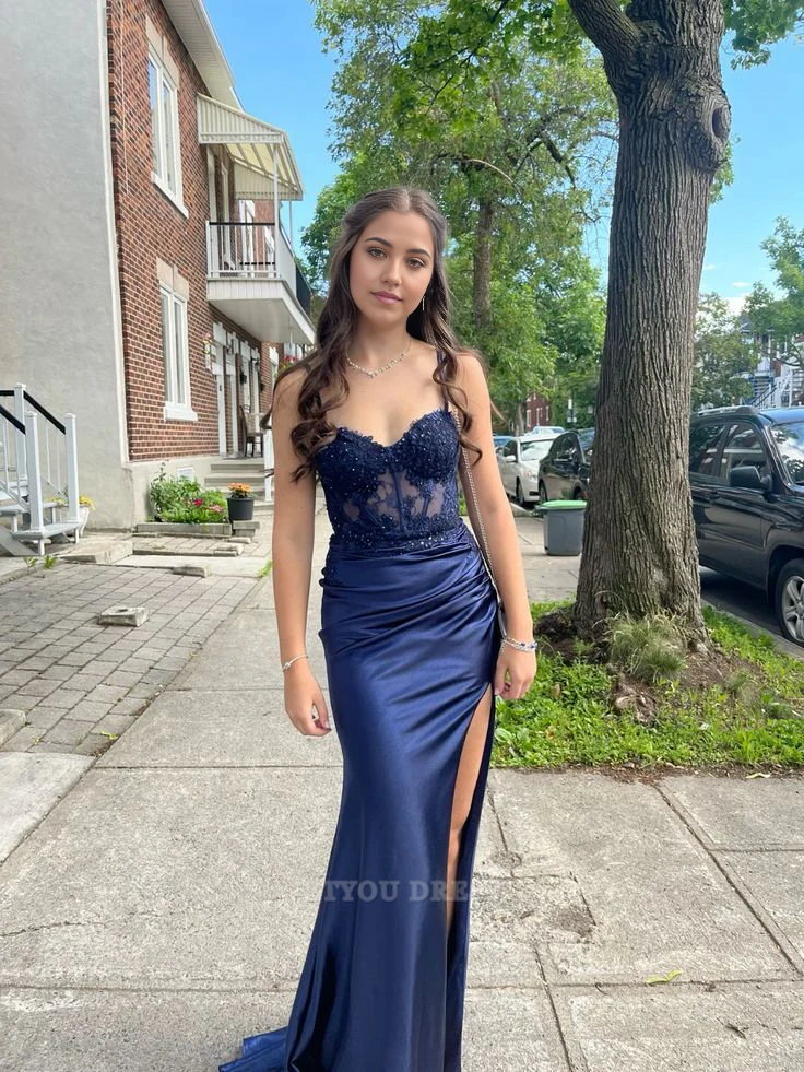 Mermaid Sweetheart Spaghetti Straps Applique Navy Blue formal dresses Bridesmaid Dresses evening gown Prom Dress